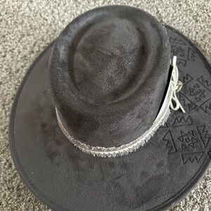 Gray Suede Wide-Brim Hat with Frayed Band hand burned medium